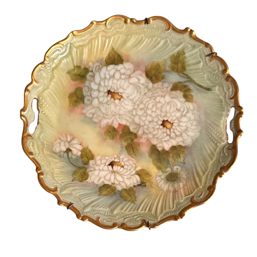Vintage Hand Painted GORGEOUS CAKE CHARGER PLATE Floral Mums Gold Guilt